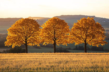Golden Trees in a Field at Sunset