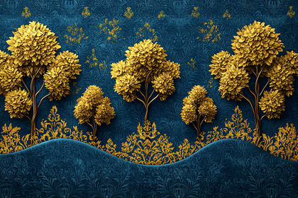 Golden Trees on Blue Damask