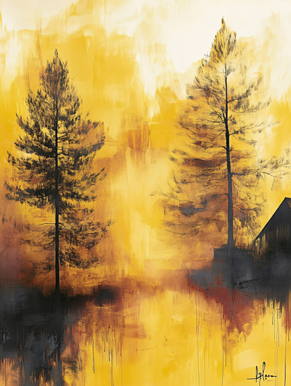 Golden Trees Silhouette Landscape Painting