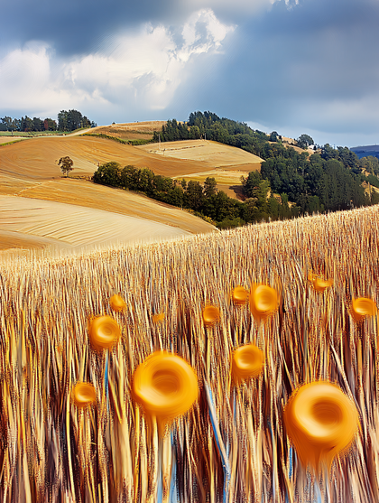 Golden Wheat Field with Abstract Flowers