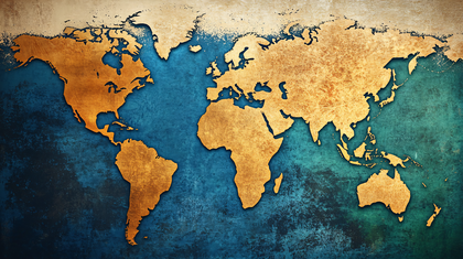 Golden World Map on Blue