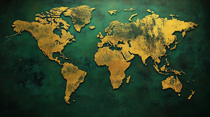 Golden World Map On Green Background