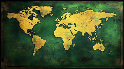 Golden World Map on Green Texture