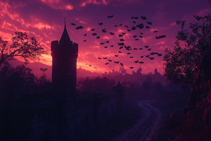 Gothic Castle with Bats at Dusk