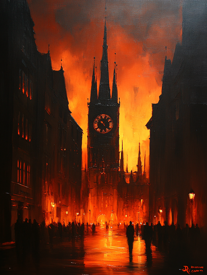 Gothic Clock Tower In Fiery Cityscape