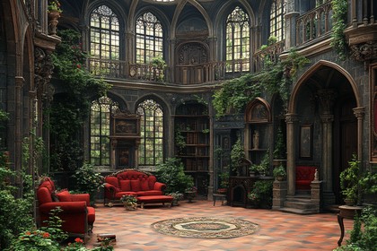Gothic Library with Red Furniture