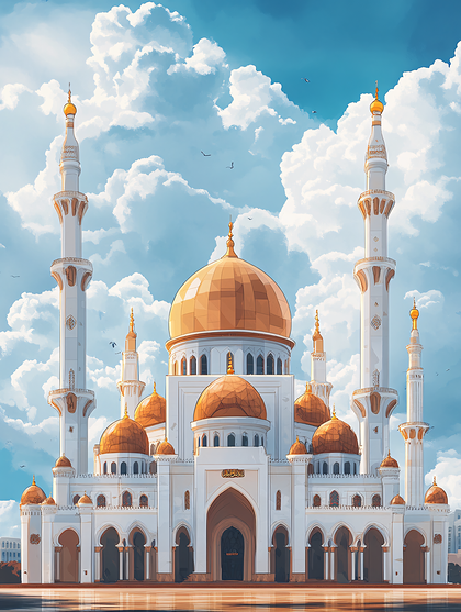 Grand Islamic Mosque With Golden Domes