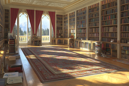 Grand Library Interior with Sunlight Streaming Through Arched Windows