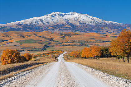 Gravel Road Leading To Snowy Mountain