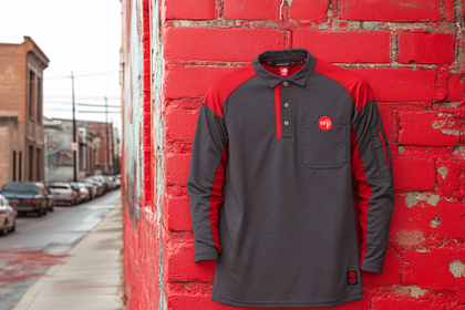 Gray and Red Long Sleeve Polo Shirt Mockup on Brick Wall