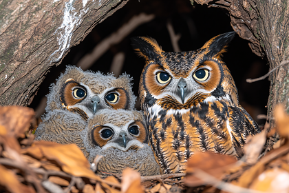 Great Horned Owl Family in Tree Hollow