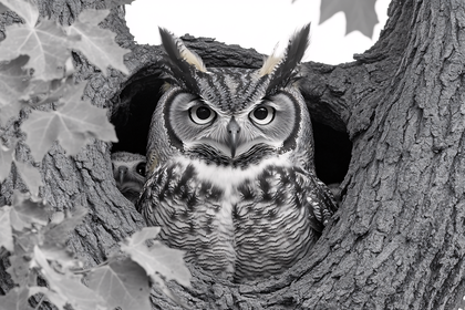 Great Horned Owl Family Nestled in Tree Cavity