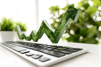Green Arrow Growth Chart Over Keyboard