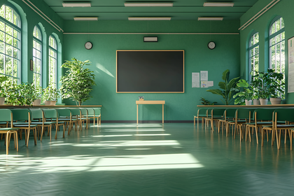 Empty Classroom with Green Walls and Sunlight