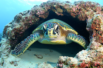 Green Sea Turtle in Coral Cave
