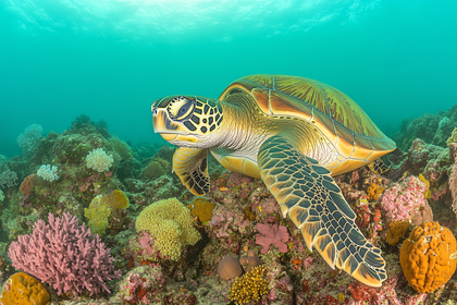 Green Sea Turtle In Coral Reef