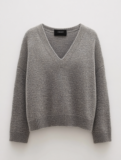 Grey V-Neck Knit Sweater