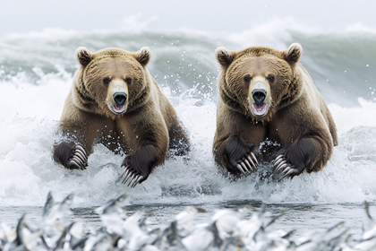 Grizzly Bears Catching Salmon