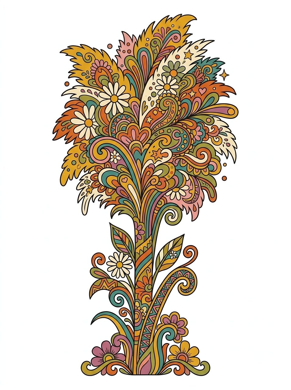 Groovy Retro Floral Tree Illustration