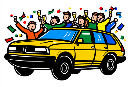 Group Celebrating in Yellow Car