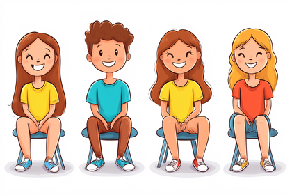 Group Of Smiling Cartoon Kids Sitting On Chairs