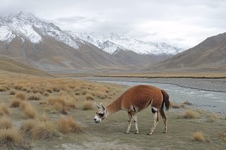 Guanaco Grazing in Andean Valley