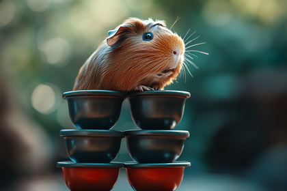 Guinea Pig Perched on Stack of Bowls