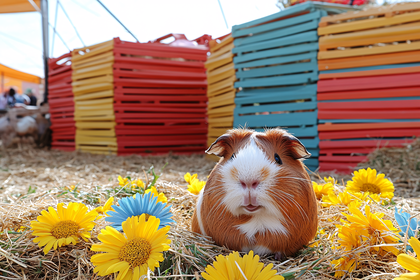 Guinea Pig With Flowers And Colorful Crates