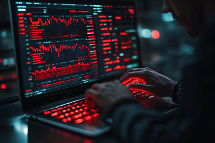 Hacker Analyzing Stock Market Data on Laptop