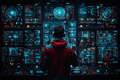 Hacker At Work In Front Of Multiple Screens