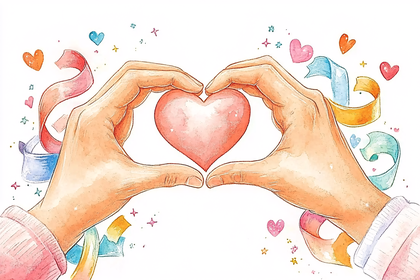 Hands Forming a Heart with Ribbons and Hearts