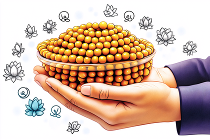 Hands Holding a Bowl of Golden Spheres with Lotus Motifs