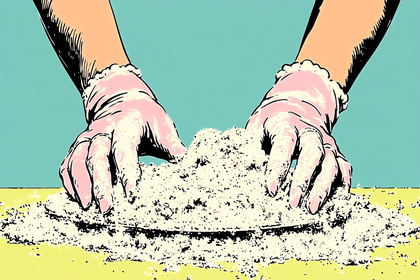 Hands Kneading White Dough with Pink Ruffled Gloves