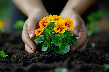 Hands Planting Yellow Pansies
