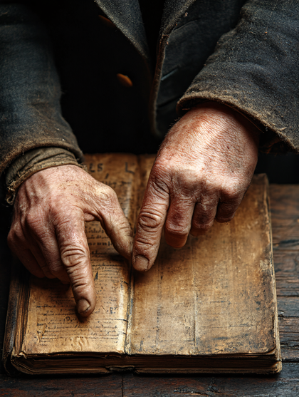 Hands Pointing at Ancient Book