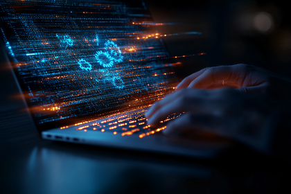 Hands Typing on Futuristic Laptop