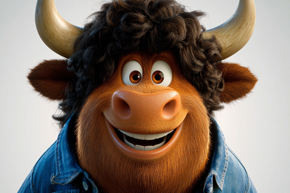 Happy Bull Character Wearing Denim Jacket