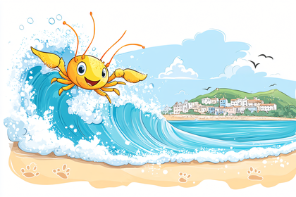 Happy Crab Riding Wave