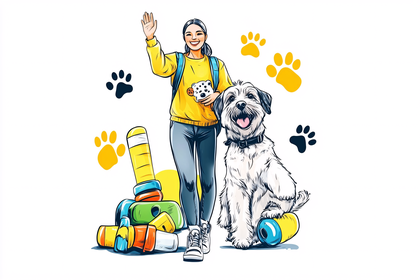 Happy Dog Walker with Pet Supplies
