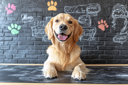 Happy Golden Retriever In Front of Chalkboard
