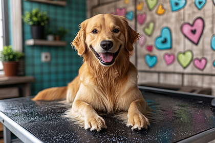 Happy Golden Retriever on Grooming Table