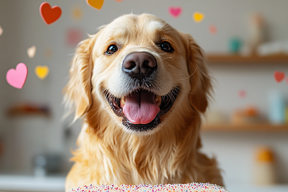 Happy Golden Retriever With Hearts