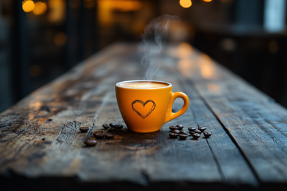 Heart Adorned Coffee Cup on Wooden Table