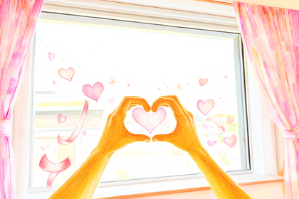 Heart-Shaped Hands with Pink Curtains