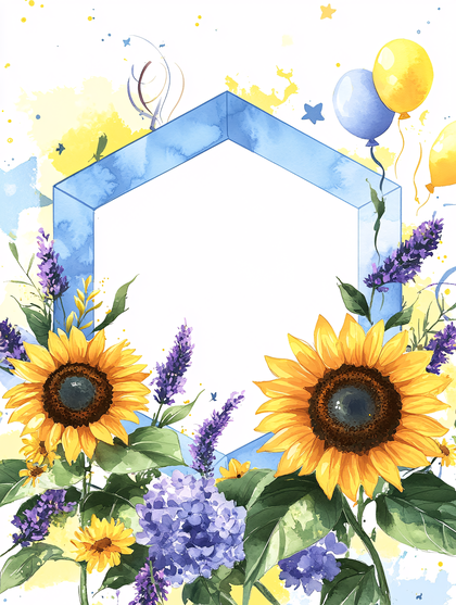 Hexagon Frame with Sunflowers and Balloons