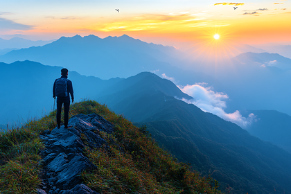Hiker at Sunrise Over Mountains