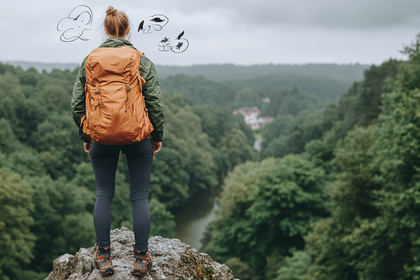 Hiker Contemplating Birds Overlooking Valley