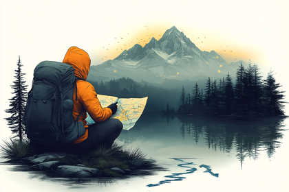 Hiker Contemplating Map by Lakeside