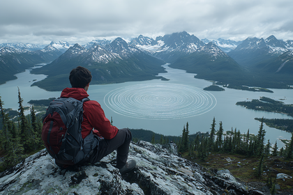 Hiker Contemplating Mountain Lake Spiral