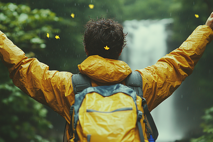 Hiker in Rain with Waterfall